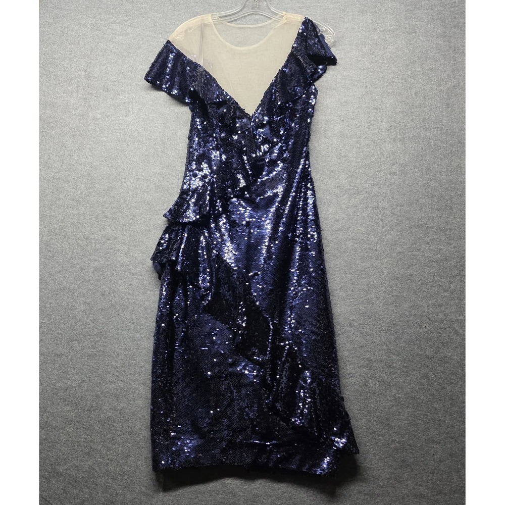 ML Monique Lhuillier Collection Sequin Dress Navy Blue V-Neck Sheer Ruffle Sz 10